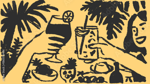 Tropical drinks and food on a table. Vector illustration featuring a woman enjoying colorful cocktails in a simple, flat design set against a vibrant background.