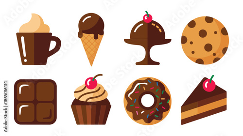 Mocha cup, dipped cone, sundae bowl, cookie bite, assorted chocolates, cupcake cherry, donut ring, bakery dessert icons, birthday celebration