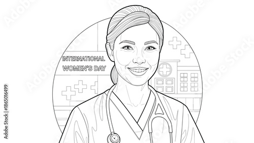Smiling female doctor celebrating International Women's Day in a medical setting, Generative AI.