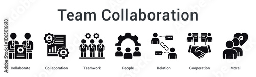 Team collaboration banner web icon emphasizing teamwork and cooperation with strong relations and workplace morale building.