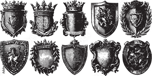 Vintage shield designs in black and white. Detailed heraldry vector illustrations showcase classic crests in a decorative set.
