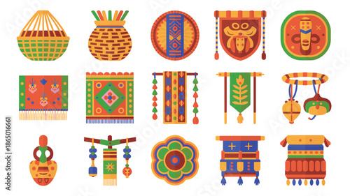 Folk art festival pack, woven lanterns, tassel wall hangings, bead ornaments, tapestry tiles, cultural craft decoration set, celebration vector