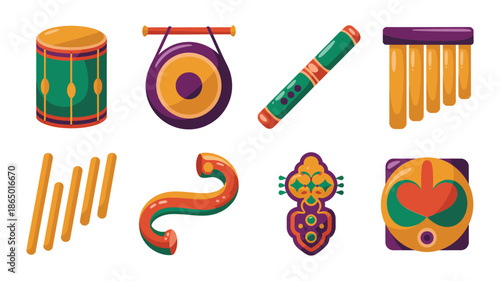 World music festival instruments set, drum and gong, flute, panpipe, ceremonial rattle, bright maraca, celebration party elements, vector illustration