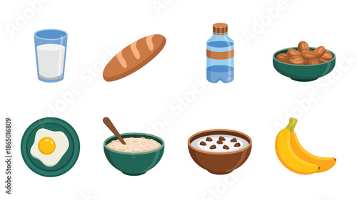 Sehri suhoor meal icons, water glass, bread loaf, bottled drink, egg plate, soup bowl, porridge, banana vector illustration set
