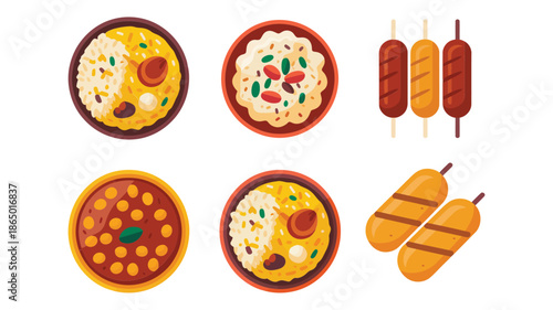 Street food festival icons, hot pizza slices, cheesy pies, corn dogs, fast snack menu, Ramadan evening iftar treat vector