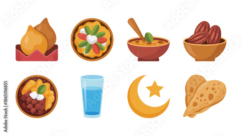 Ramadan iftar snack icons, dates bowl, samosa, jalebi sweets, refreshing drink, crescent moon symbol, evening meal celebration vector set