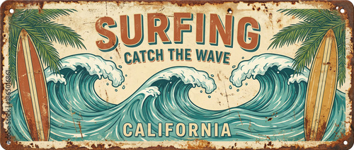 Vintage surfing sign with large ocean waves, two surfboards, and palm trees, featuring 'Surfing Catch the Wave California' text in a distressed retro style.
