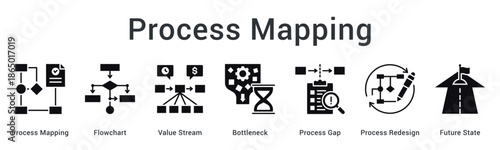 Process Mapping banner web icon visualizes workflow through flowcharts identifying bottlenecks and gaps for redesign.