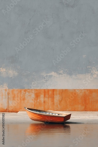Boat resting on waterscape: A serene scene unfolds with a solitary boat resting peacefully at the waters edge under a dramatic, minimalist sky, capturing stillness and tranquility.
