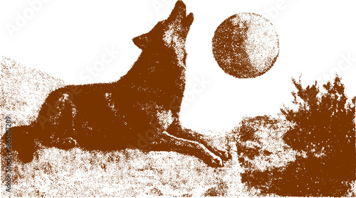 Wolf howling at the moon. Stylized outdoor vector illustration with a brown silhouette and landscape texture.