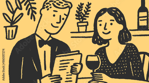 Couple dining at a restaurant, holding a menu and wine glass. Simple vector illustration of a casual indoor setting.