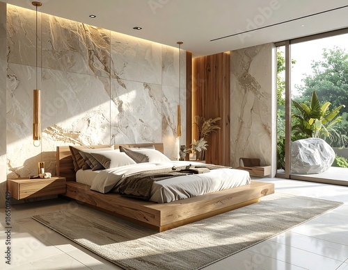 Luxurious minimalist bedroom interior with stone and wood accents, gold edge details, serene ambiance, and natural view