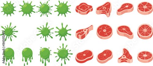 Meat cuts and bacteria contamination illustration set showing food safety hygiene risks and fresh raw steak collection