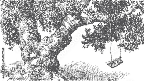 Tree branch with a hanging swing in a monochrome vector illustration. Outdoor scene offers a tranquil depiction of nature in a simple artistic style.
