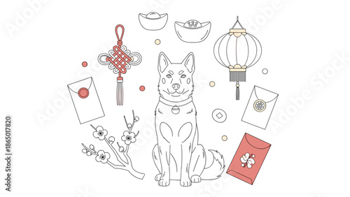 Cute dog surrounded by Chinese New Year decorations and symbols, Generative AI.