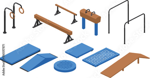 Outdoor fitness and calisthenics equipment illustration set featuring gymnastic bars balance beams ramps mats and training obstacles