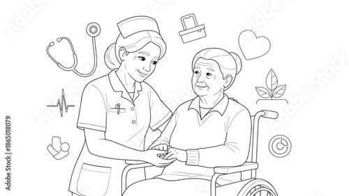 Compassionate nurse caring for senior patient in wheelchair with medical symbols, Generative AI.