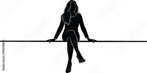 Minimalist black silhouette of a confident woman sitting on a thin line with legs crossed wearing high heels and dress