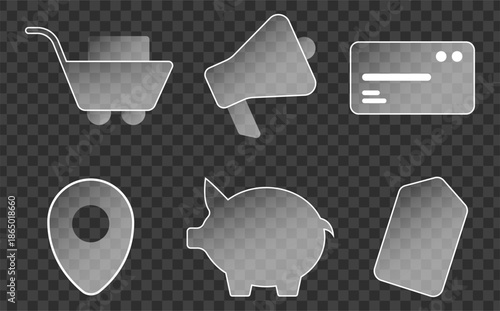 Glassmorphism UI Icons Vector Set with Transparent Frosted Glass Effect Featuring Shopping Cart, Payment Card, Location Pin, Piggy Bank and Modern Web Interface Elements