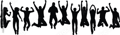 Large group of happy people jumping in the air together, celebrating success, victory, and freedom in a joyful silhouette illustration
