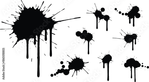 Set of black ink splatters, paint drips, and artistic grunge spots isolated on white background for creative design projects and textures