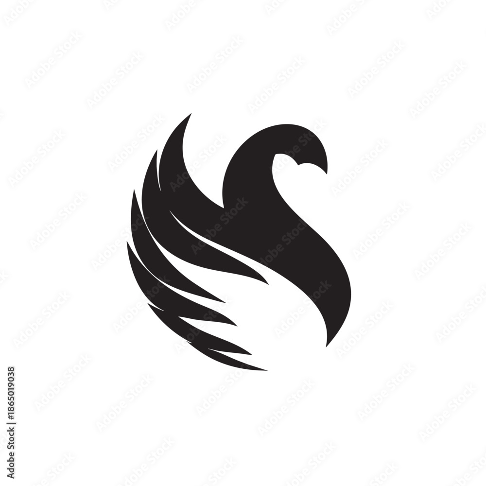 Obraz premium Stylized depiction of a dark bird's head and wing structure forms an abstract emblem against a white background.