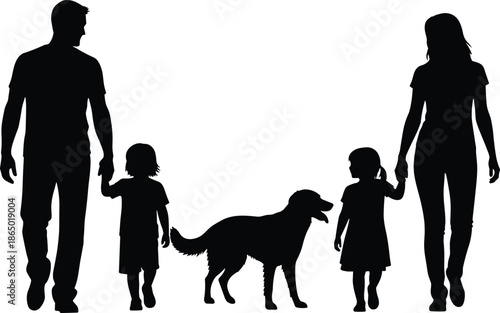 Silhouette of a happy family with two children and a pet dog walking together outdoors, celebrating parenthood, love, and togetherness
