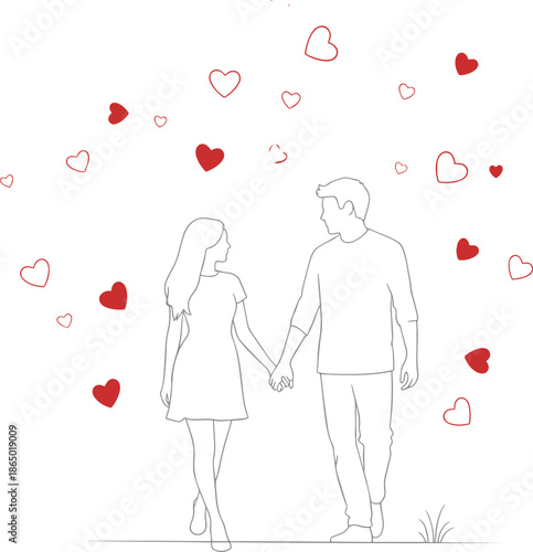 Love's Embrace: A couple, hand in hand, walks into a shower of love, symbolizing the beautiful journey of love and togetherness, sharing a sweet moment for valentine