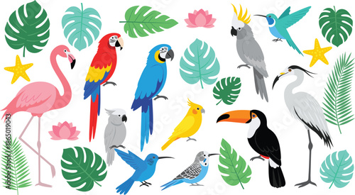 Tropical Birds Cartoon Illustration Set with Parrots Flamingo Toucan Cockatoo and Exotic Leaves Vector Collection