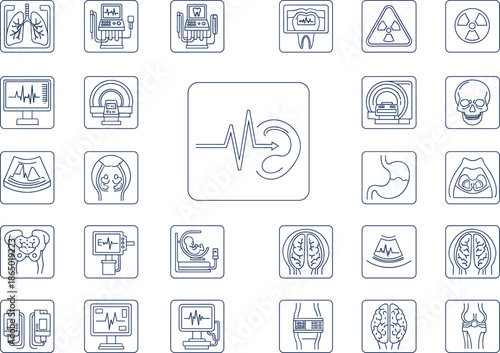 Medical imaging and diagnostic line icon set featuring MRI CT scan X ray ultrasound and healthcare monitoring symbols