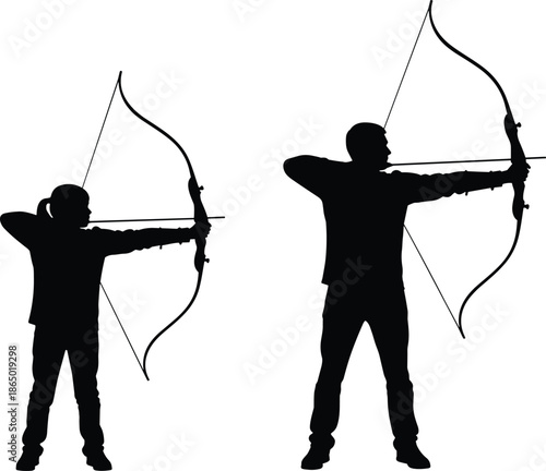 Silhouette of a man and child practicing archery together, aiming bows and arrows during an outdoor sports activity or training session