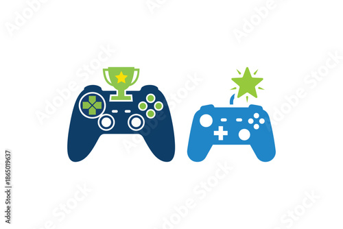 Video game controller with trophy and star icons - Gamer achievement and victory icons flat design