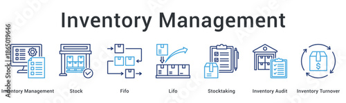 Inventory management banner web icon showing stock control methods including FIFO, LIFO, and audit processes.