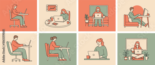 Remote work lifestyle illustration set featuring people working on laptops at home office desks and cozy living spaces