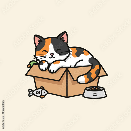 Cute Calico Cat Napping Comfortably Inside a Cardboard Box.