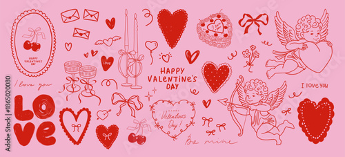 Doodle hand drawn Love and Valentine's Day set with Cupid, hearts, bows, glasses of champagne. Trendy vintage whimsical decorative elements for love cards, wedding invitation, print