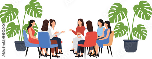 Group discussion and support meeting illustration featuring women sitting in circle conversation teamwork and community communication concept