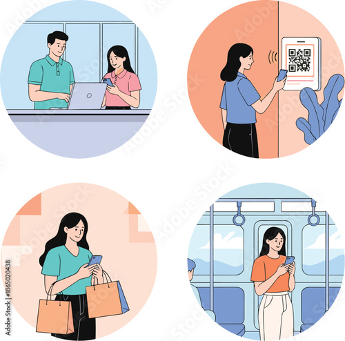 Modern digital lifestyle illustration set featuring people using smartphones for payments shopping QR scanning and mobile communication