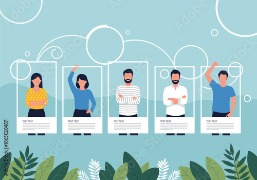 Employee profile and team introduction illustration featuring staff cards diverse workforce presentation and modern human resources concept