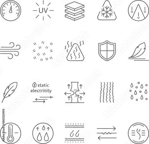 Weather and environment line icon set featuring climate conditions wind rain temperature humidity and atmospheric protection symbols