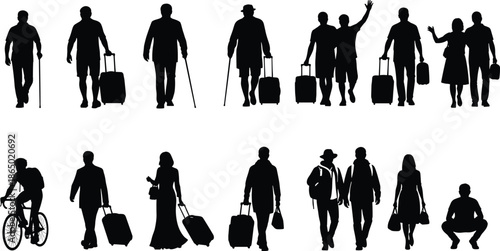 Travelers walking silhouettes set showing people carrying luggage suitcases backpacks and canes in various poses black vector illustration collection
