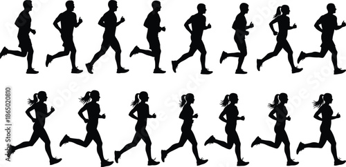 Running people silhouettes set showing men and women jogging sprinting and exercising in various motion poses black vector illustration