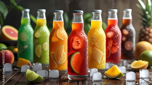 Colorful Mexican Style Fruit Soda Bottles with Fresh Fruits on Rustic Table