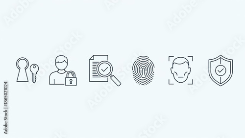 A set of security icons including key, person, lock, checklist, fingerprint, id card, and shield on a light blue background