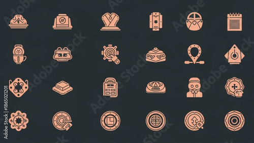 Collection of various business and technology icons in orange color