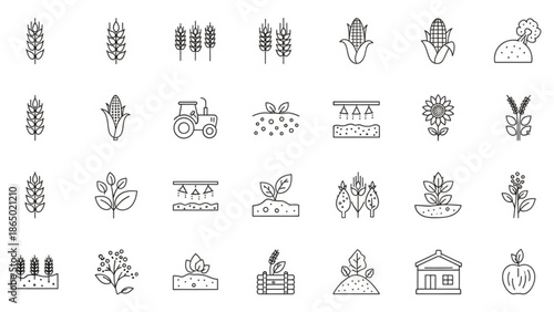 Collection of various agriculture and farming icons in line style