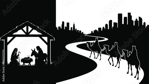 Nativity scene silhouette with Mary Joseph baby Jesus and wise men journeying toward modern city skyline symbolic Christmas faith illustration