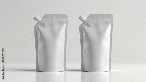 Two blank matte white stand-up pouches with spout and cap mockup on light grey background for liquid packaging design