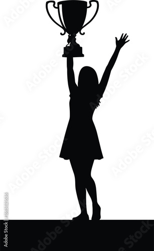 Successful woman silhouette standing on winning podium holding a gold trophy cup high, celebrating victory, achievement, competition, and professional career goals