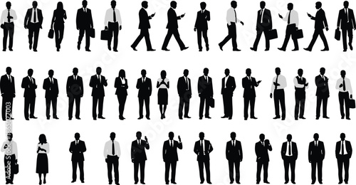 Business people silhouettes set showing corporate professionals walking standing and communicating in office attire modern black vector illustration collection